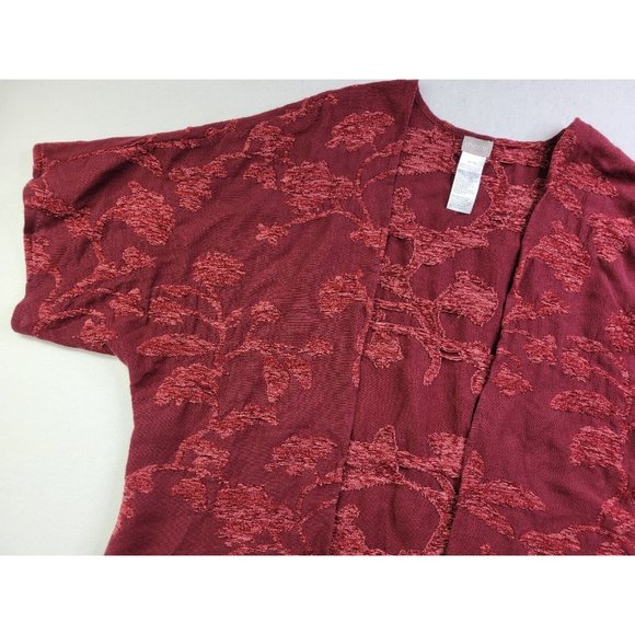 Chico's Women S/M Burgundy Leaf Jacquard Open Front Sweater Fringe Boho Festival - Picture 3 of 9